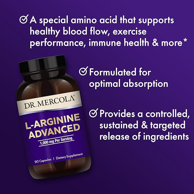 Dr. Mercola L-Arginine Advanced 30 Servings (90 Capsules) 1000 mg Per Serving Dietary Supplement Supports Energy Production Non-GMO