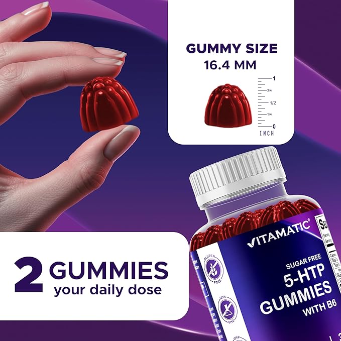 Vitamatic Sugar Free 5-HTP 200mg Gummies with B6 – 60 Pectin-Based Gummies – Mood Support &amp Stress Relief- 2 Pack