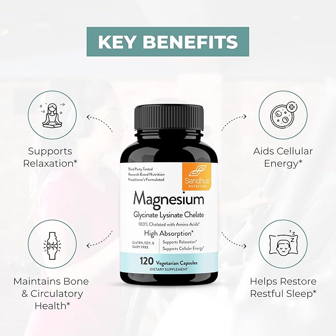 Sandhu's Magnesium Glycinate Lysinate | 120 Easy to Swallow Chelated Vegan Capsules | Magnesium Lysine Chelate Supplement for High Absorption | for Best Sleep Leg Cramps Relaxation
