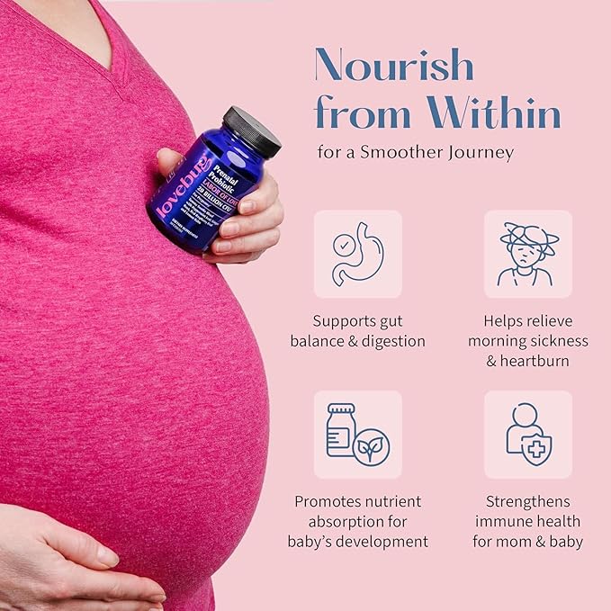 LOVEBUG Prenatal Probiotic Supplement - 7 Probiotics &amp Prenatal Vitamins for Women 20 Billion CFU with Soothing Peppermint Ginger Raspberry Leaf and Lemon Balm. 60 Capsules