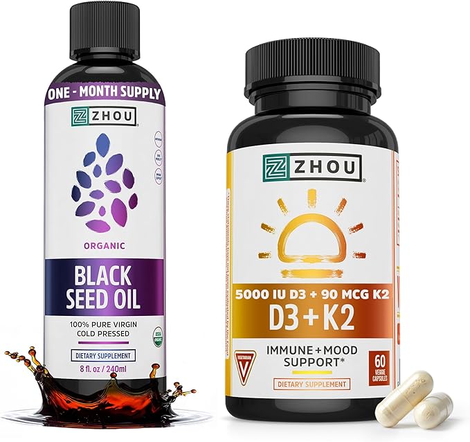 ZHOU Black Seed Oil &amp D3+K2 - Black Cumin Seed Oil Cold Pressed Nigella Sativa Immune Support Vitamin D3 K2 Supplement for Women &amp Men - Pack of 2 8 fl oz + 60 Capsules