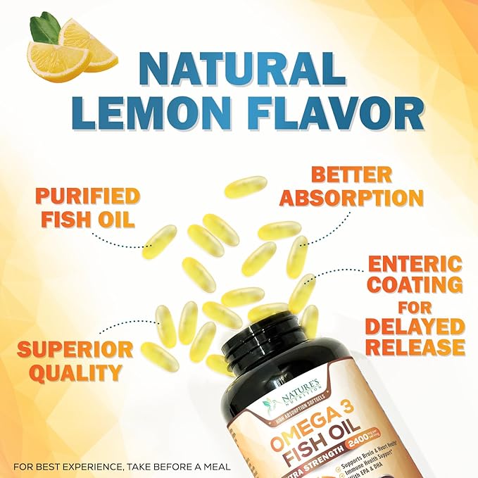 Omega 3 Fish Oil Supplements - 2400mg Fish Oil Per Serving - Triple Strength Omega-3 with EPA &amp DHA Fatty Acids - Natural Heart Brain &amp Immune Support - Wild Caught Bottled in USA - 180 Soft