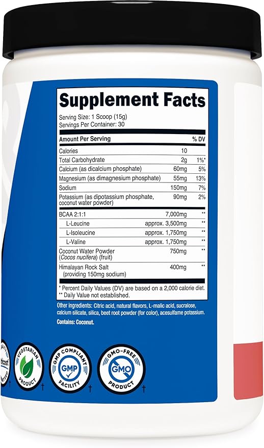 Nutricost BCAA + Hydration Powder (Raspberry Lemonade) 30 Servings - Branched Chain Amino Acids with Hydration Complex - Gluten-Free Non-GMO