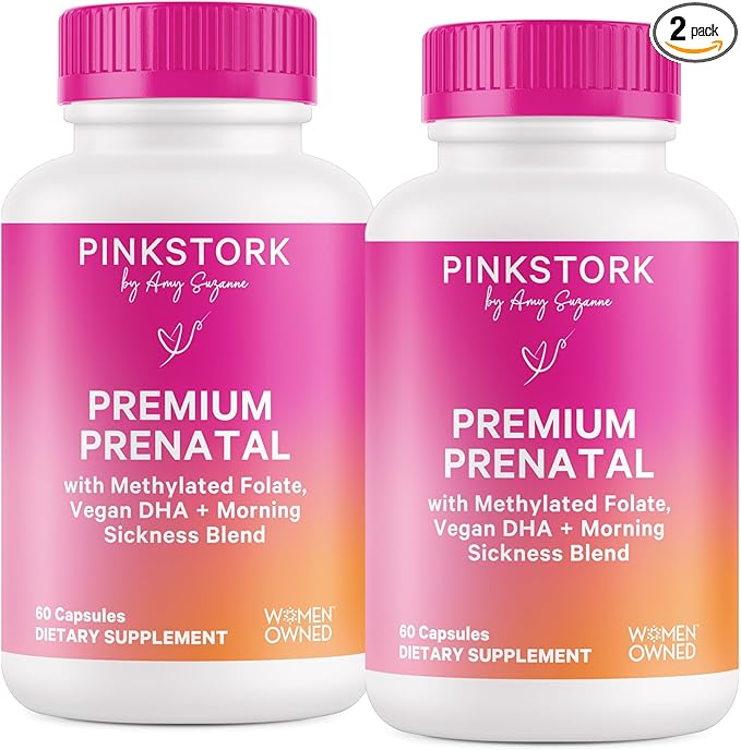 Pink Stork Premium Prenatal Vitamin for Women - Multivitamin &amp Probiotics - Morning Sickness Digestion &amp Energy - Folate B6 &amp Iron - 60 Capsules - 2 Pack
