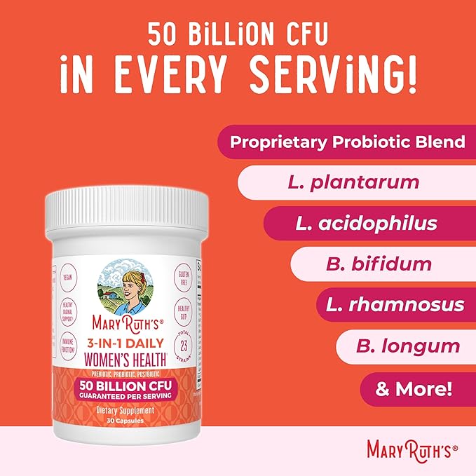 MARYRUTH'S 3-in-1 Daily Health Probiotics for Women | Hormone Support &amp Gut Health Supplement for Women | Women’s Probiotic | 50 Billion CFU | Vegan | 30 ct