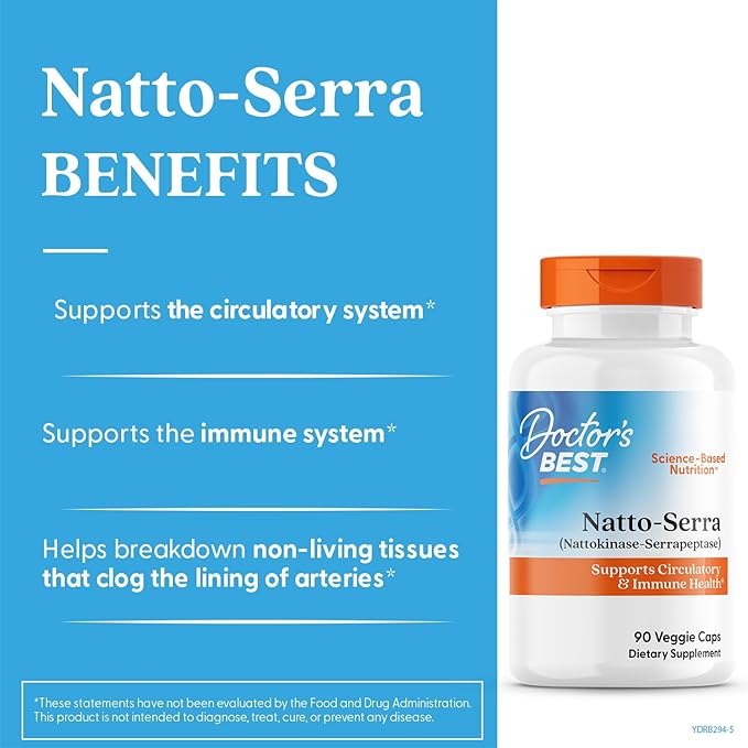 Doctor's Best Natto Serra for Men &amp Women - Nattokinase and Serrapeptase Enzyme Supplement Caps for Circulatory &amp Immune Health Support Optimal Digestive Absorption Non GMO Vegan - 90 Veg