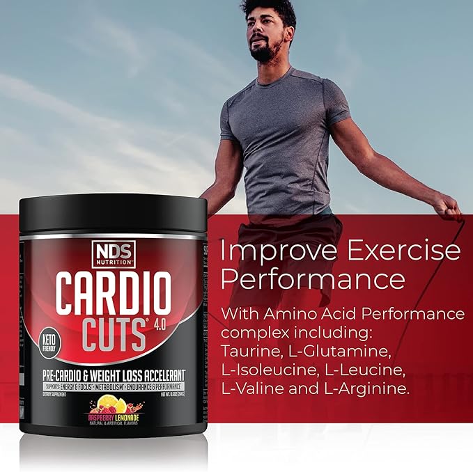 Cardio Cuts NDS Nutrition 4.0 Pre Workout Supplement - Advanced Weight Loss and Pre Cardio Formula with L-Carnitine CLA MCTs L-Glutamine and Safflower Oil - Razz Lemonade (40 Servings)