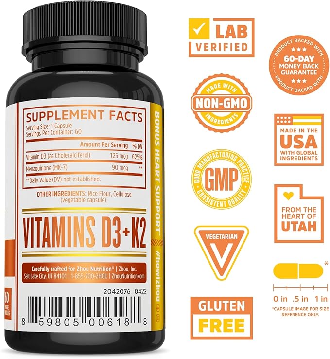 ZHOU Black Seed Oil &amp D3+K2 - Black Cumin Seed Oil Cold Pressed Nigella Sativa Immune Support Vitamin D3 K2 Supplement for Women &amp Men - Pack of 2 8 fl oz + 60 Capsules