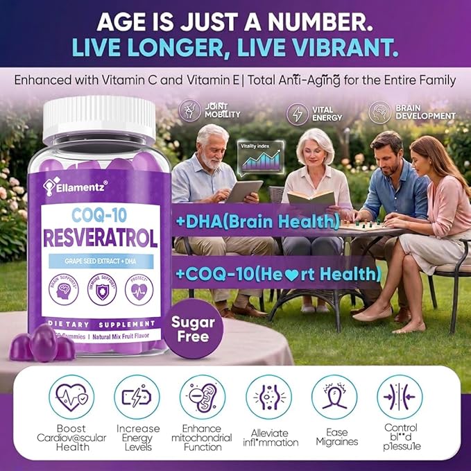 7-in-1 Trans-Resveratrol Gummies 500mg Complex - with CoQ10 DHA Vitamin C E &amp Grape Seed - Support Healthy Aging &amp Vitality - Zero Sugar Blueberry Flavor -120 Count (60-Day Supply / 2 Pack)