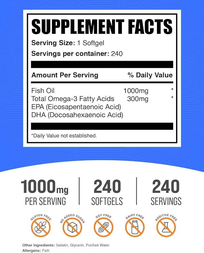 BulkSupplements.com Fish Oil 1000mg Softgels - Fish Oil Supplements Omega 3 Supplements - Gluten Free 1 Softgel per Serving 240 Count (Pack of 1)