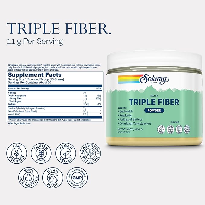 SOLARAY Triple Fiber Powder and ProSorb Berberine Phytosome - Unflavored Daily Fiber Supplement w/Prebiotics Regularity and Gut Health Support - 9X Absorption Berberine Supplement Vegan 30 Serv Ea