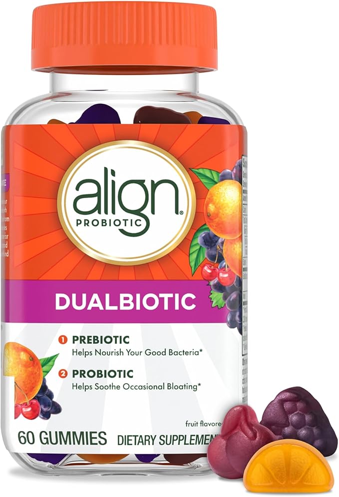 Align Dualbiotic Prebiotics and Probiotics for Women and Men Probiotics for Digestive Health Prebiotics Help Nourish Good Bacteria Natural Fruit Flavors 60 Probiotic Gummies