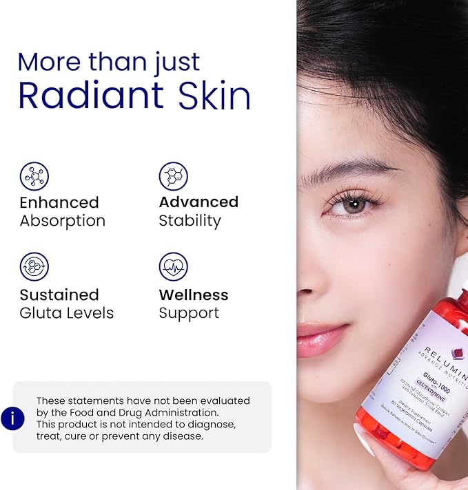 Relumins Advanced Patented Tri-Form Glutathione Complex 1000 mg — Fast-Absorb L-Glutathione S-Acetyl &amp Liposomal + Alpha-Lipoic Acid &amp Rose Hips - Made in USA