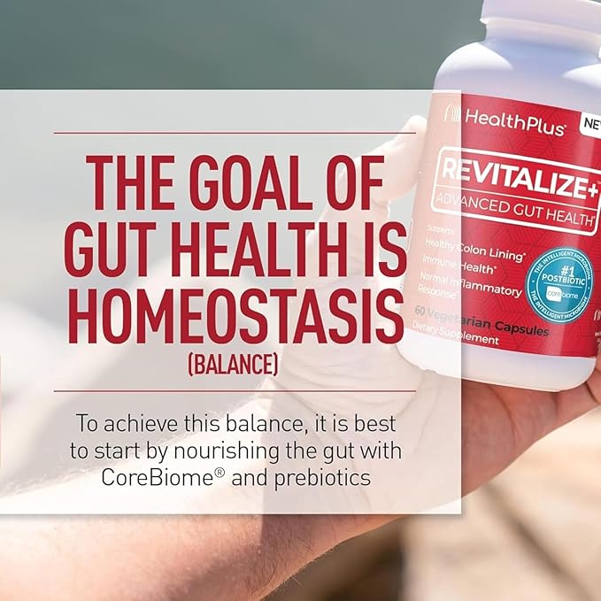 Health Plus Revitalize+ CoreBiome Butyrate Postbiotic for Complete Digestive Health Leaky Gut &amp Colon | Gut Health Supplement for Men &amp Women | 60 Capsules 30 Servings
