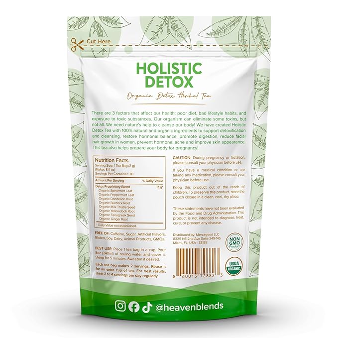 Heaven Blends Organic Holistic Detox Tea – Spearmint Dandelion Burdock Milk Thistle Seed Fenugreek &amp Yellowdock Root – sugar free caffeine free and gluten free. 30 Sachet