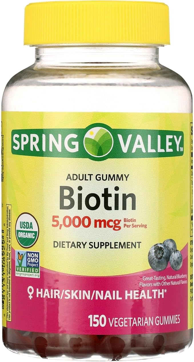 Spring Valley Biotin 5000mcg- Blueberry Flavor Hair Skin and Nails 150 Gummies (Pack of 1) Set by Basket Goods