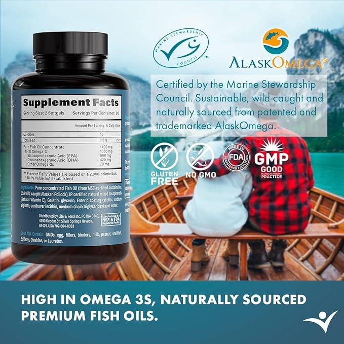 Omega-3 Supreme 1400 mg Wild Alaskan Fish Oil | Enteric Coated Burpless | MSC Certified High EPA DHA Improved Absorption &amp Heavy Metal Tested (3 Mo Supply180 Softgels)