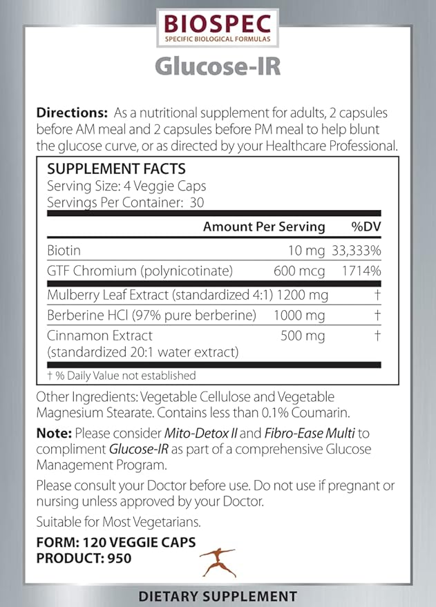 Biospec Nutritionals Glucose-IR - Cinnamon Extract Chromium Berberine and Biotin (120 Capsules)