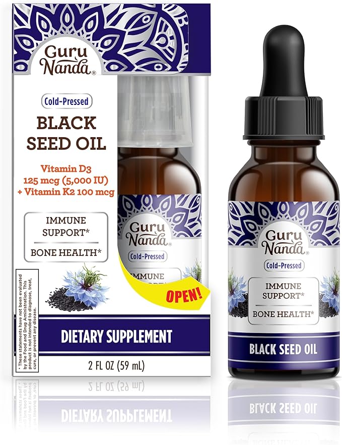 GuruNanda Black Seed Oil Cold-Pressed Nigella Sativa - Rich in Vitamin D3 5000 Units K2 &amp E &amp Dual Barrel Oxyburst Whitening Mouthwash - Contains Hydrogen Peroxide