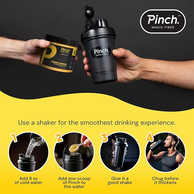 Pinch Magic Fiber &amp Shaker Combo | Prebiotic Psyllium Husk Fiber for Digestive Health Keto Vegan Low Sugar | BPA-Free Shaker for Smooth Mixing Travel-Friendly Dishwasher Safe | 28-Day Supply