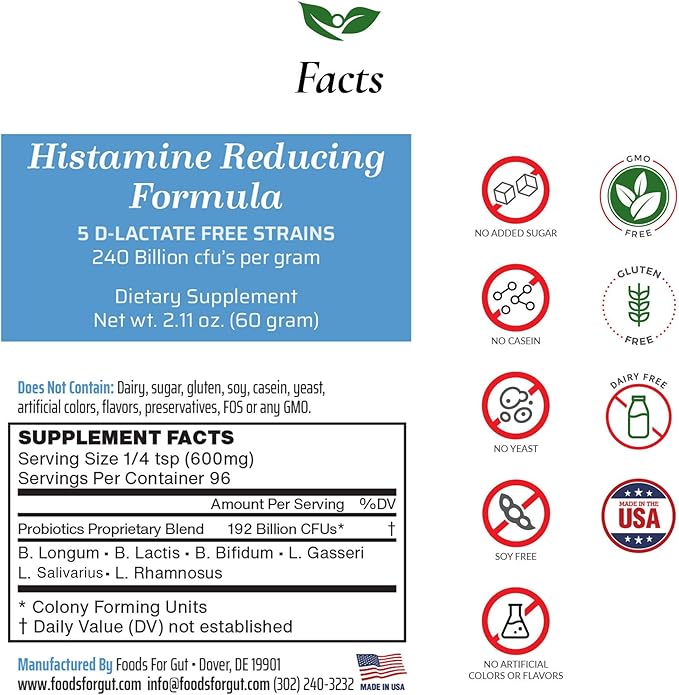 Foods For Gut Histamine &amp D Lactate Free Probiotics Powder 240 Billion CFU | Made in USA | No Additives | Direct from Manufacturer | No Third-Party Storage | Immune Support | 60 Grams (2.11 OZ)