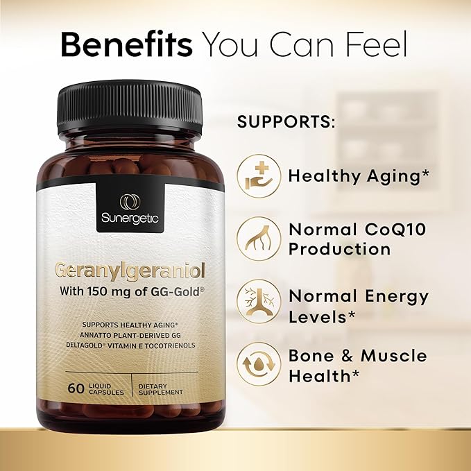 Sunergetic Premium Geranylgeraniol Supplement - GG-Gold 150mg with DeltaGold Vitamin E Tocotrienols- Annatto Derived GG for Statin Users Heart Health &amp CoQ10 Production - 60 Capsules