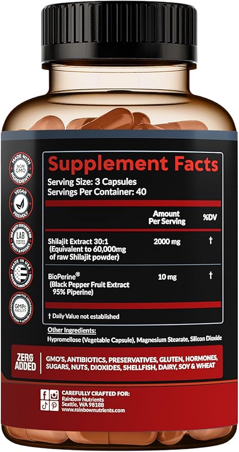 Pure Himalayan Shilajit Capsules Supplement (2010mg + Absorption Enhancer+50% Fulvic Acid) Natural 30:1 Shilajit with 85+ Trace Minerals for Energy Performance Immune Support| Non GMO| 120 Pills