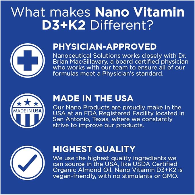 Nanoceutical Solutions Nano Vitamin D3+K2 Nanosized Liquid Particles | Rapid Absorption | 5000 IU Potent Formulation - 1Fl Oz | Non-GMO Gluten Free | Supports Bone Joint Heart &amp Immune Health