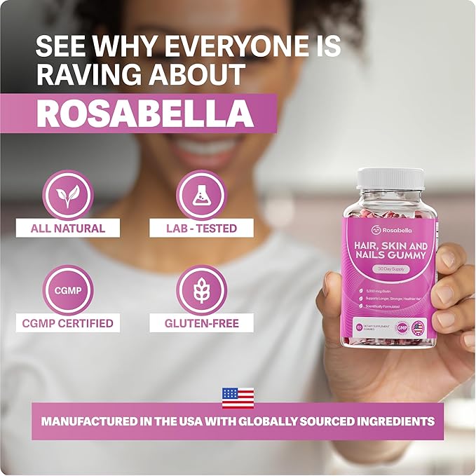 Rosabella Hair Growth Gummies for Women &amp Men – Vegan Hair Gummies with 5000mcg Biotin – Hair Vitamins for Strong Healthy-Looking Hair – Gummy Biotin Supplement (60 Count (Pack of 3))