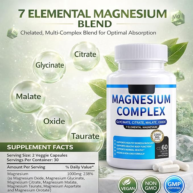 Magnesium Complex for Women &amp Men 1000mg — 7-in-1 Magnesium (Glycinate Citrate &amp Malate) for Sleep Support Stress Relief Muscle Recovery — Vegan 60 Capsules