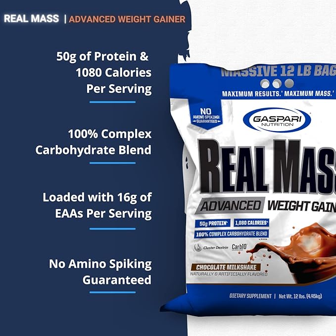 Gaspari Nutrition Real Mass: Advanced Weight Gainer Protein and Complex Carb Blend 50g Protein 16g EAAs Gluten-Free 12 lbs (Chocolate Ice Cream)