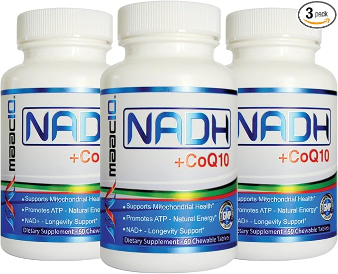 MAAC10 NADH + CoQ10 Chewable Tablets (3-Pack - 180 Tablets) | 50mg PANMOL® NADH + 100mg CoQ10 Supports Fatigue Energy and NAD+ Non-GMO Gluten Free Vegetarian (3 Month Supply)