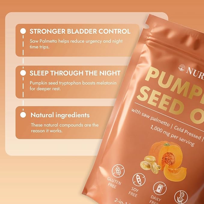 NURIVA Pumpkin Seed Oil with Saw Palmetto – Cold Pressed Pure Virgin Oil Rich in Essential Fatty Acids &amp Phytosterols – Supports Hair Urinary &amp Prostate Health – Non-GMO 100% Natural(1pc)