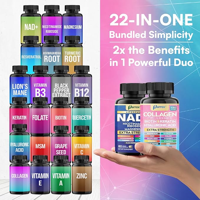 Forever Young Set with Liposomal NAD Nicotinamide Riboside Magnesium Resveratrol Lion's Mane Collagen Peptides Types I II III V and X Biotin &amp Keratin Hyaluronic Acid Zinc Quercetin