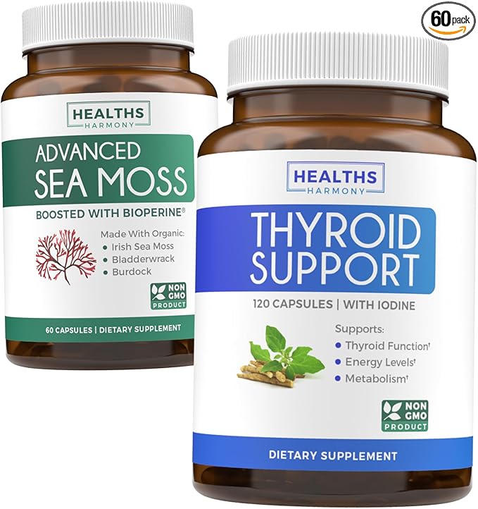 Bundle of Thyroid Support &amp Sea Moss - Sea Moss Thyroid Care Pack - Thyroid Support with Iodine (120 Caps) &amp Irish Sea Moss Capsules - Raw Vegan Supplement with BioPerine (Non-GMO &amp Organi