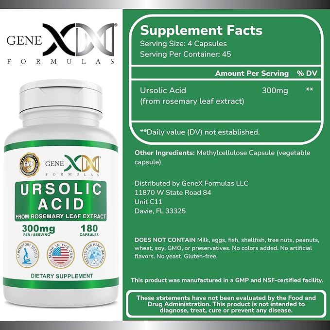 Genex Formulas Ursolic Acid 300mg (180 Capsules) Ursolic Acid Sourced from Rosemary Extract - Non-GMO Gluten Free Vegetarian