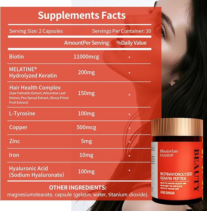 High Potency Biotin Supplement 11000mcg for Hair Growth Skin Health &amp Nail Strength - with MELATINE Hydrolyzed Keratin 200mg Hyaluronic Acid 100mg &amp Hair Health Complex Formula