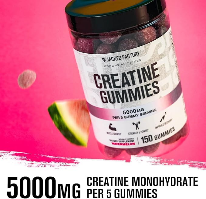 Jacked Factory Creatine Monohydrate Gummies 5g Daily Dose - Creatine Gummy for Men and Women Vegan-Friendly Travel-Friendly Third-Party Tested - 150 Gummies Blue Raspberry &amp Watermelon