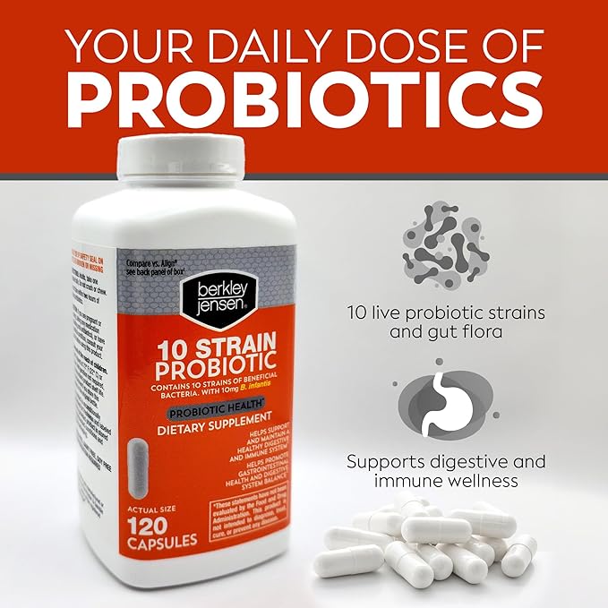 Berkley Jensen Natural 10 Strain Probiotic Supplement Capsules with 10mg B. Longum Loaded with Live Strains &amp Beneficial Gut Flora for Digestive &amp Immune Health - 17-Week Supply 120 Ct
