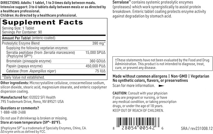 Klaire Labs SFI Health Serralase - Vegetarian Proteolytic Enzyme Blend with Serratia Peptidase &amp Bromelain for Digestion Sourced from Papaya &amp Pineapple Hypoallergenic (90 Enteric Coated Tab