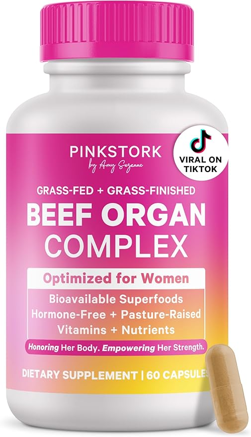 Pink Stork Beef Organ Supplement for Women | Grass-Fed Beef Liver Capsules with Iron B12 CoQ10 Vitamin A | Primal Multivitamin for Female Hormone + Energy Support | 60 Capsules