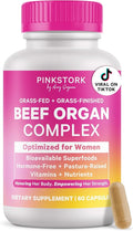 Pink Stork Beef Organ Supplement for Women | Grass-Fed Beef Liver Capsules with Iron B12 CoQ10 Vitamin A | Primal Multivitamin for Female Hormone + Energy Support | 60 Capsules