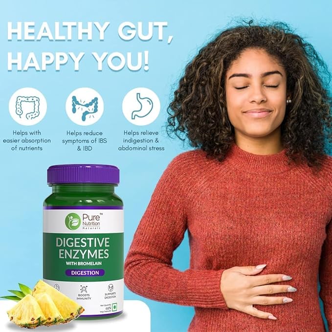 Digestive Enzymes 665mg (Amylase Lipase Protease Cellulase Lactase) with Bromelain| Better Bioavailability | Supports Digestion &amp Better Absorption of Food Nutrients - 60 Veg Capsules