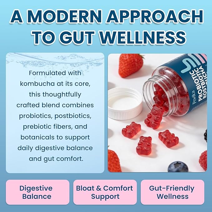 Probiotic Kombucha Gummies for Digestive Health - Synergy Kombucha with Probiotics Prebiotics &amp Postbiotics Dandelion Root Slppery Elm - Gut Health for Women &amp Men Mixed Berry Flavor 60 Gu
