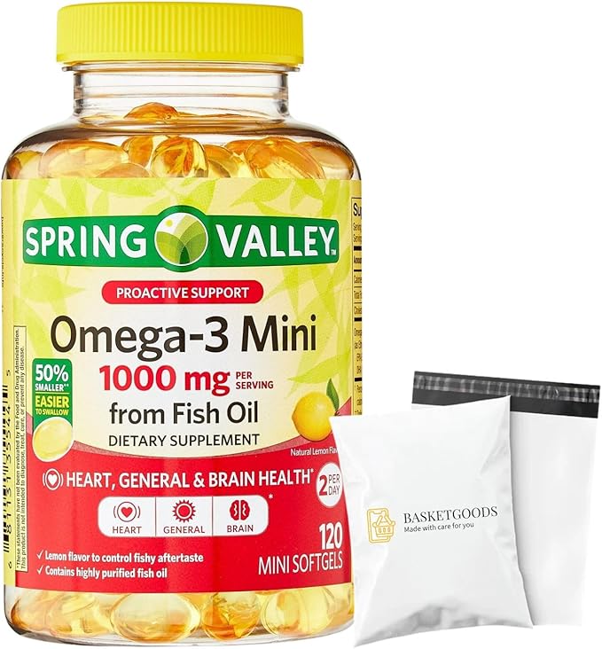 Spring Valley Omega-3 Mini from Fish Oil 1000 mg 120 Count Dietary Supplement Omega 3 Mini Softgels Set with Basket Goods Store