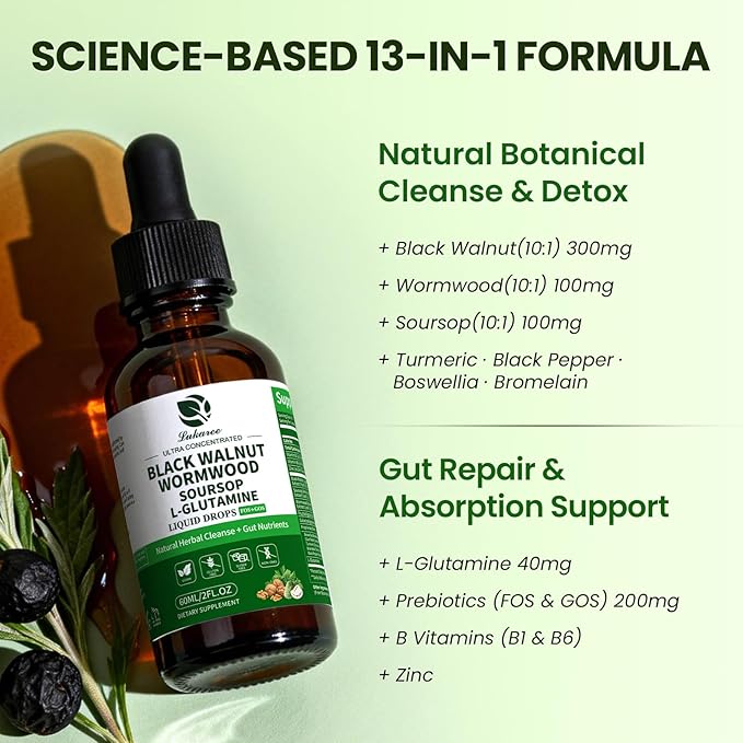 Lukaree (2 Pack) Wormwood Black Walnut Soursop Cleanse for Humans – with L-Glutamine Prebiotics &amp Zinc for Gut Health &amp Digestive Comfort – Mood Immune &amp Energy Support – Vegan Gluten-Fre