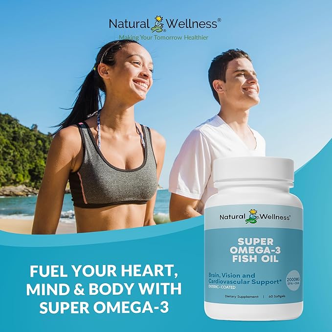 Natural Wellness Super Omega-3 Fish Oil – 600mg EPA &amp 400mg DHA – High Potency Omega 3 Fish Oil Supplement for Heart Brain Joint &amp Immune Health – Purified Enteric-Coated Softgels 60 Count