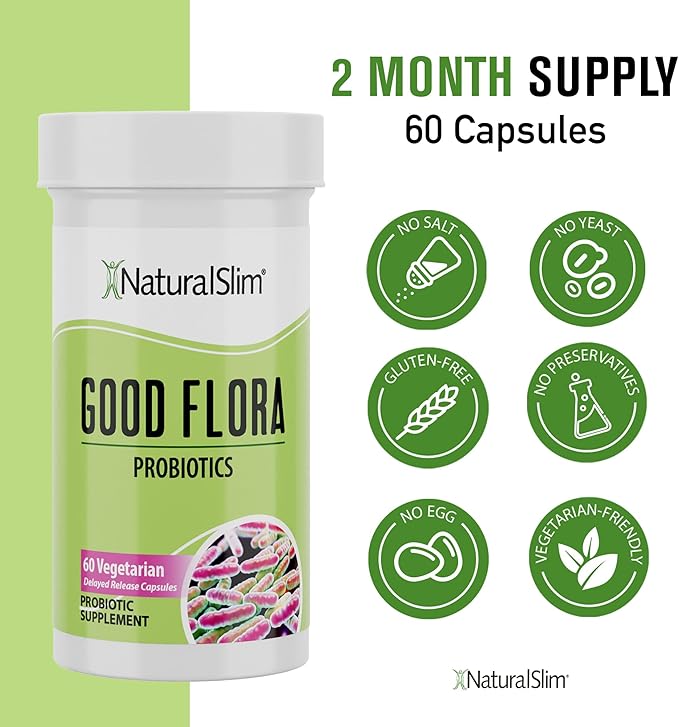NaturalSlim Good Flora Probiotics for Women &amp Men - Gut Health Supplements with 7 Powerful Strains for De-Bloating &amp Vitality - Probiotics for Digestive Health 60 Vegetarian Capsules 2 Pack