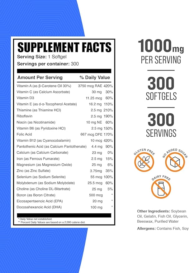 BulkSupplements.com Multivitamin for Women 50 Plus Softgels - Women's Daily Vitamins Multimineral Supplement - Complete Multivitamin with Fish Oil - 1 Softgel per Serving 300 Count (Pack of 1)
