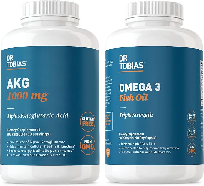 Dr. Tobias AKG Supplement &amp Omega 3 Fish Oil Support Cellular Energy &amp Overall Health with AKG and Triple-Strength Omega 3 EPA &amp DHA Non-GMO